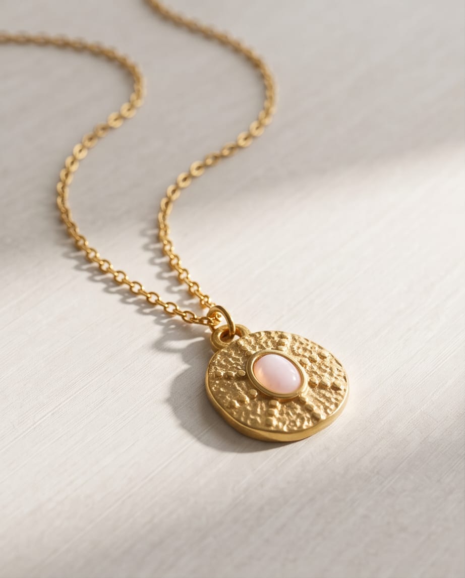 Collar dorado de acero inoxidable con cuarzo rosa. Hipoalergénico y resistente al agua
