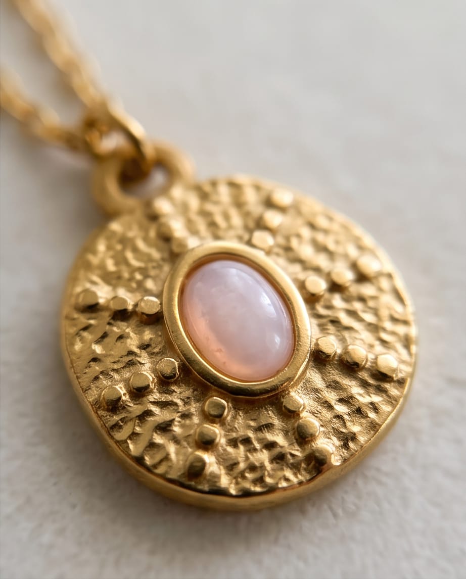 Collar dorado de acero inoxidable con cuarzo rosa. Hipoalergénico y resistente al agua